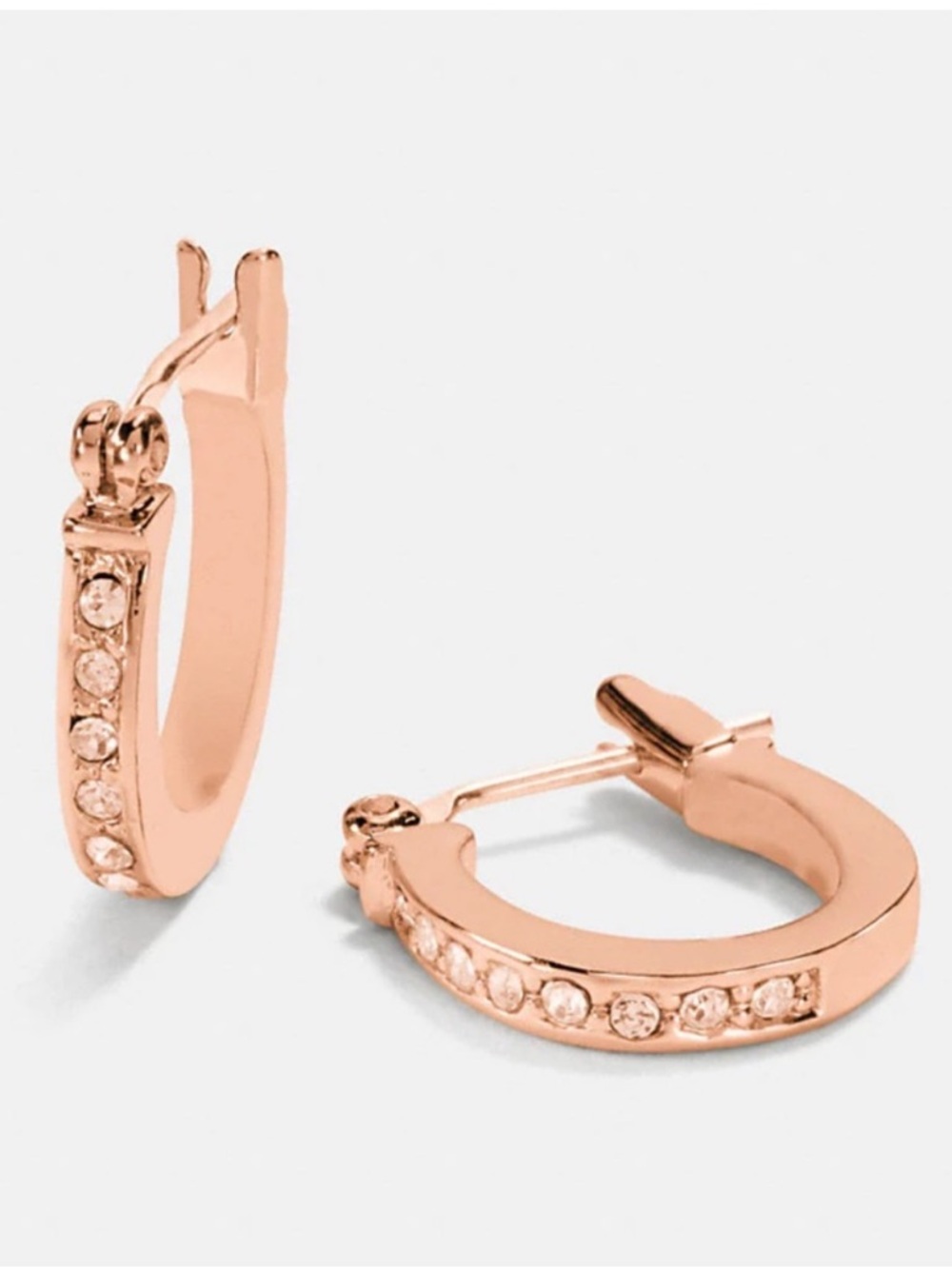 COACH Pave Signature Huggie Earrings Rose Gold Hinged Snap Back Closure $78 - Picture 1 of 5